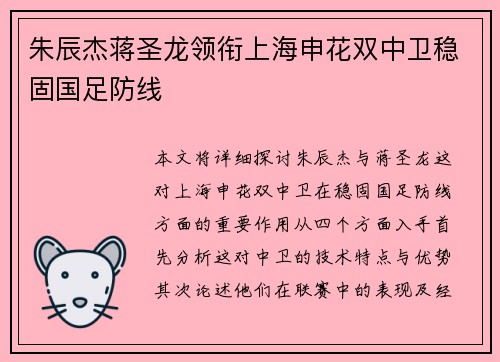 朱辰杰蒋圣龙领衔上海申花双中卫稳固国足防线 朱辰杰蒋圣龙领衔上海申花双中卫稳固国足防线