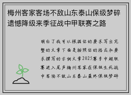 梅州客家客场不敌山东泰山保级梦碎遗憾降级来季征战中甲联赛之路 梅州客家客场不敌山东泰山保级梦碎遗憾降级来季征战中甲联赛之路